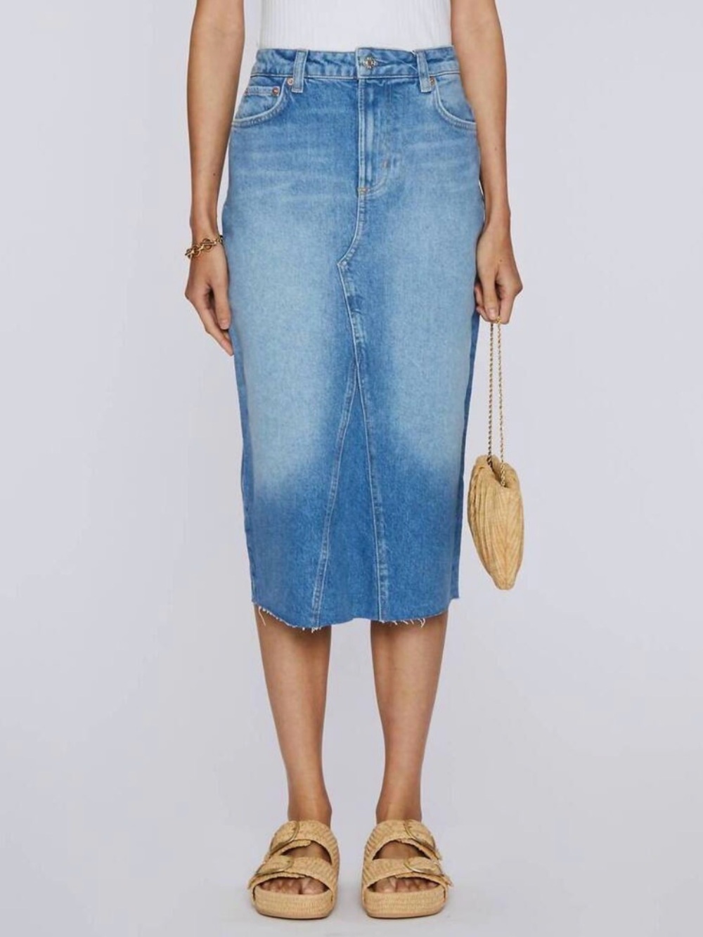 NEW RAILS Highland Denim Midi Skirt in Baja Blue Raw Hem Size 29
